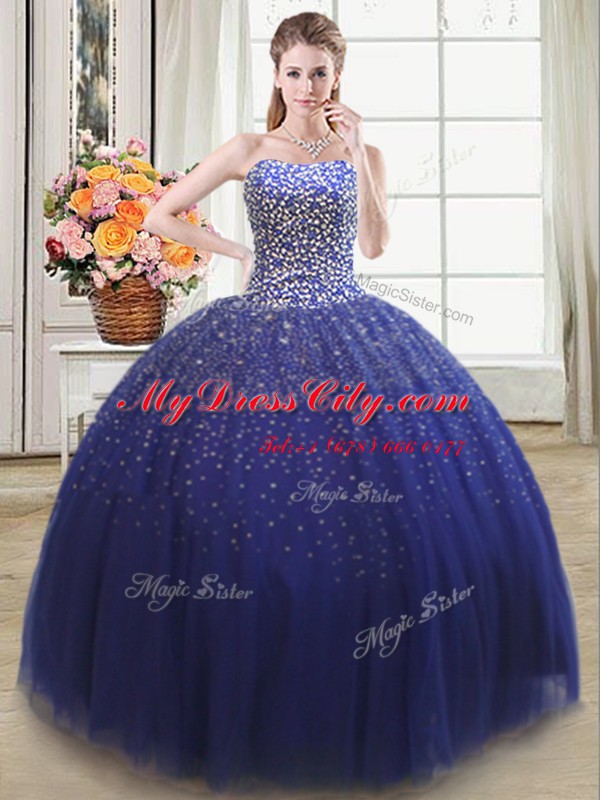 Royal Blue Tulle Lace Up Ball Gown Prom Dress Sleeveless Floor Length Beading