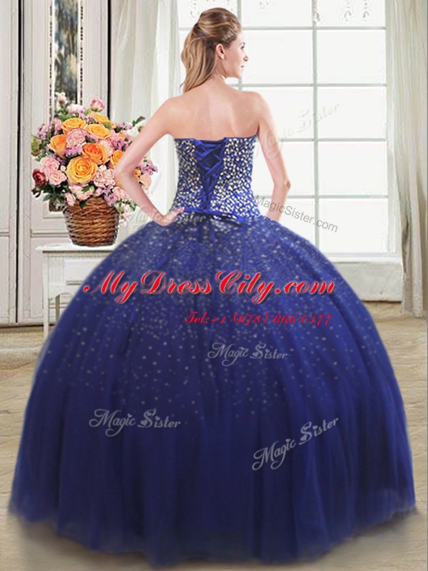 Royal Blue Tulle Lace Up Ball Gown Prom Dress Sleeveless Floor Length Beading