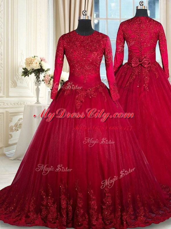 Customized Tulle Scoop Long Sleeves Clasp Handle Beading and Lace and Bowknot Quinceanera Dresses in Wine Red