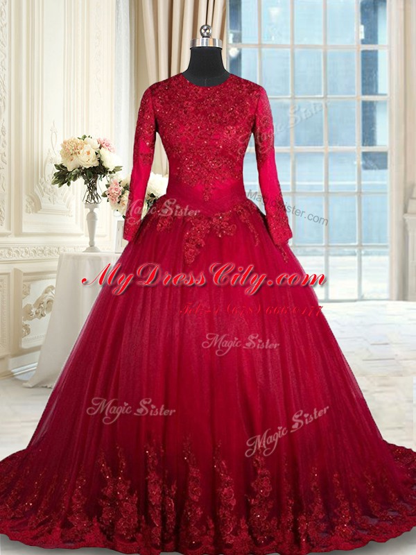 Customized Tulle Scoop Long Sleeves Clasp Handle Beading and Lace and Bowknot Quinceanera Dresses in Wine Red