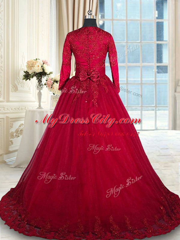 Customized Tulle Scoop Long Sleeves Clasp Handle Beading and Lace and Bowknot Quinceanera Dresses in Wine Red