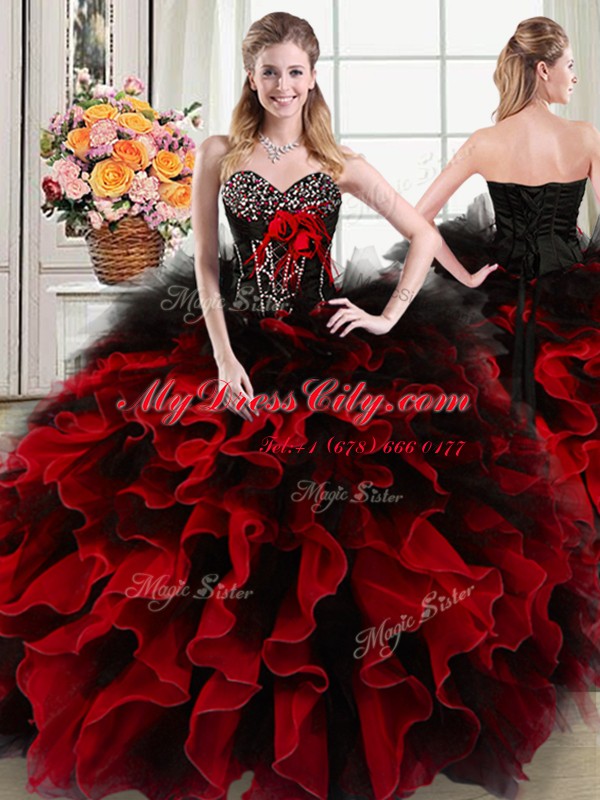 Best Selling Black and Red Sleeveless Floor Length Beading and Ruffles and Hand Made Flower Lace Up Sweet 16 Quinceanera Dress