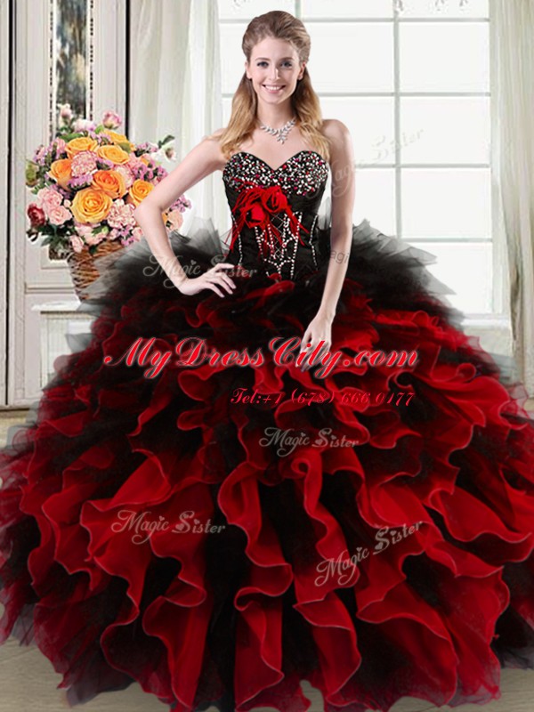 Best Selling Black and Red Sleeveless Floor Length Beading and Ruffles and Hand Made Flower Lace Up Sweet 16 Quinceanera Dress