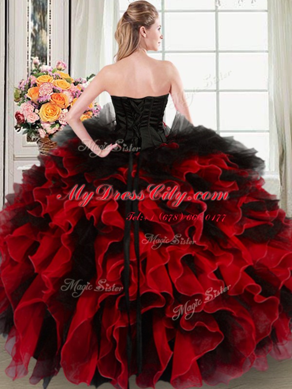 Best Selling Black and Red Sleeveless Floor Length Beading and Ruffles and Hand Made Flower Lace Up Sweet 16 Quinceanera Dress