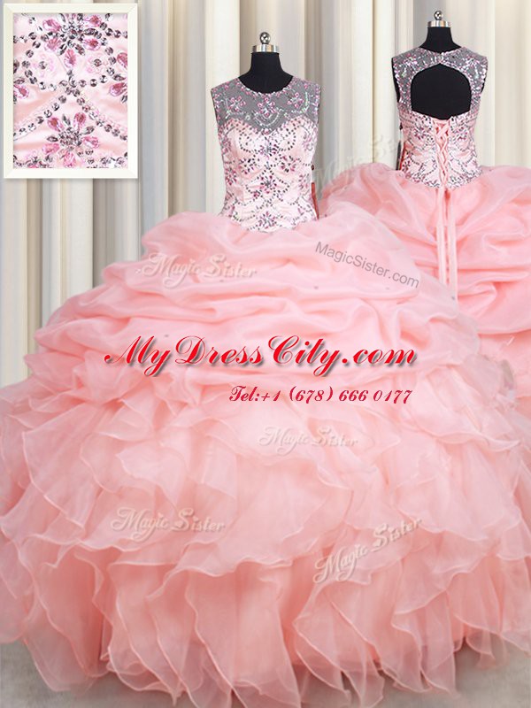 Eye-catching Scoop Baby Pink Lace Up Quince Ball Gowns Beading and Ruffles and Pick Ups Sleeveless Floor Length