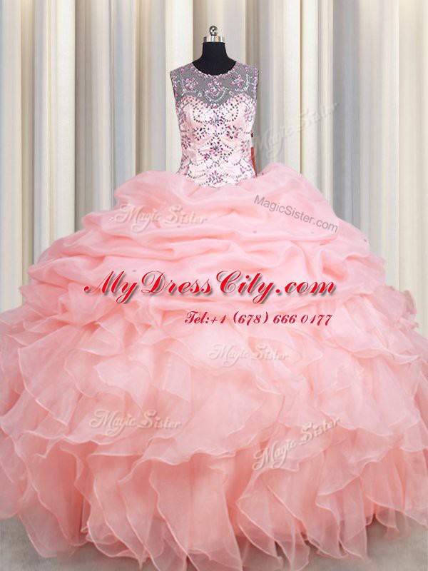 Eye-catching Scoop Baby Pink Lace Up Quince Ball Gowns Beading and Ruffles and Pick Ups Sleeveless Floor Length