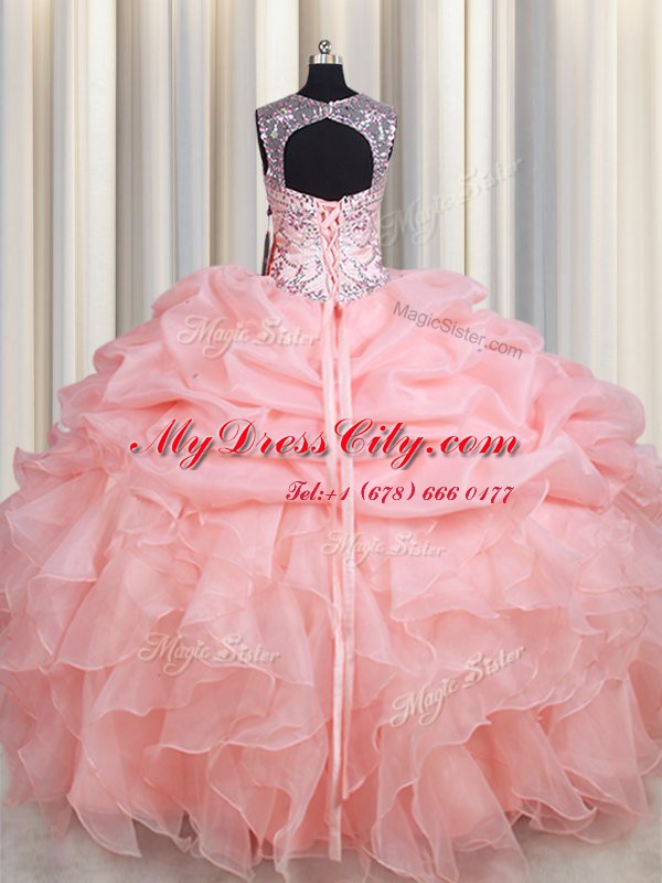 Eye-catching Scoop Baby Pink Lace Up Quince Ball Gowns Beading and Ruffles and Pick Ups Sleeveless Floor Length