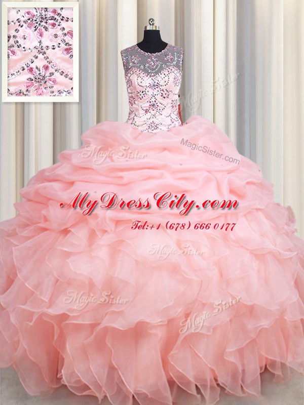 Eye-catching Scoop Baby Pink Lace Up Quince Ball Gowns Beading and Ruffles and Pick Ups Sleeveless Floor Length