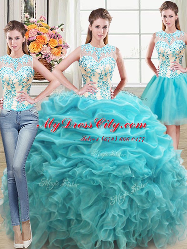 Three Piece Scoop Aqua Blue Lace Up Sweet 16 Dresses Beading and Ruffles Sleeveless Floor Length