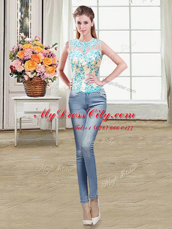 Three Piece Scoop Aqua Blue Lace Up Sweet 16 Dresses Beading and Ruffles Sleeveless Floor Length