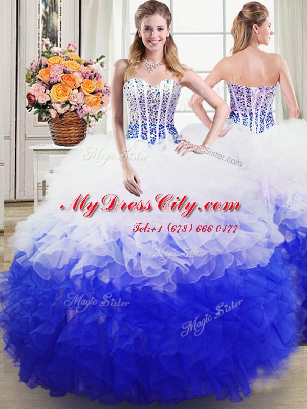 Three Piece White and Blue 15 Quinceanera Dress Military Ball and Sweet 16 and Quinceanera and For with Beading and Ruffles Sweetheart Sleeveless Lace Up