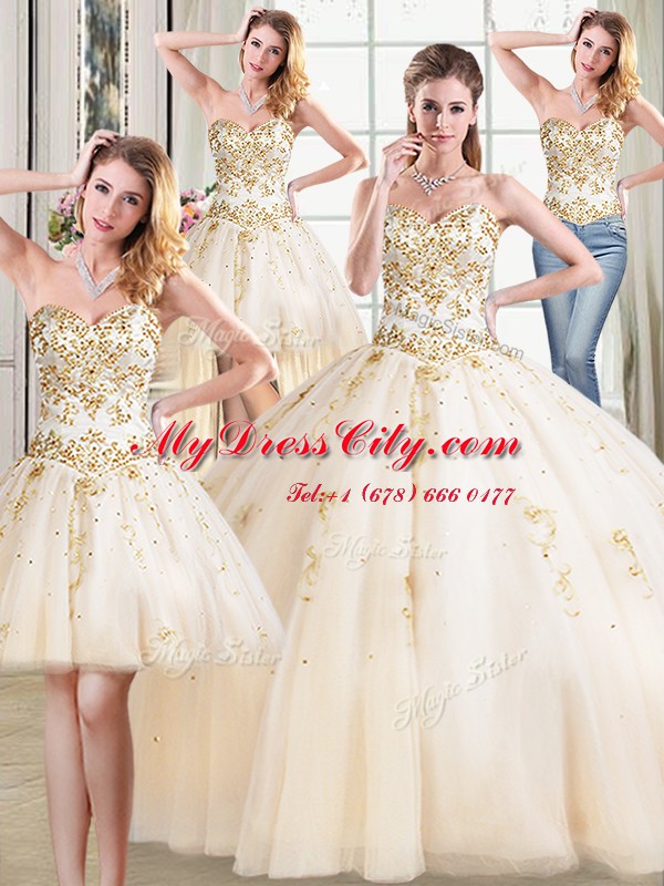 Flirting Four Piece Champagne Sweet 16 Dresses Military Ball and Sweet 16 and Quinceanera and For with Beading Sweetheart Sleeveless Lace Up