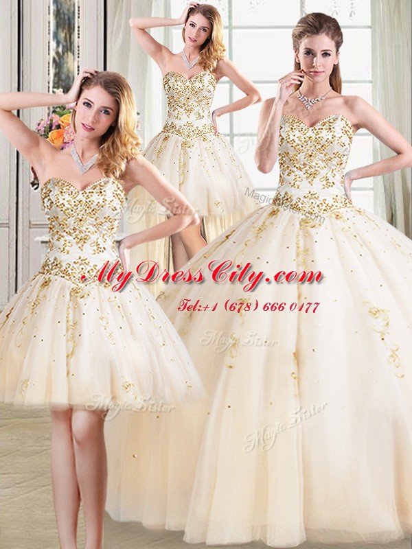 Flirting Four Piece Champagne Sweet 16 Dresses Military Ball and Sweet 16 and Quinceanera and For with Beading Sweetheart Sleeveless Lace Up