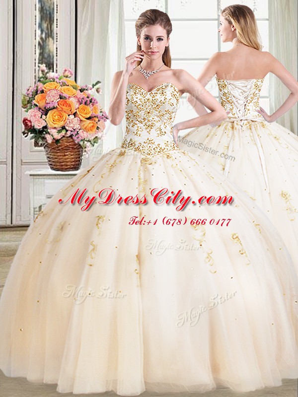 Flirting Four Piece Champagne Sweet 16 Dresses Military Ball and Sweet 16 and Quinceanera and For with Beading Sweetheart Sleeveless Lace Up