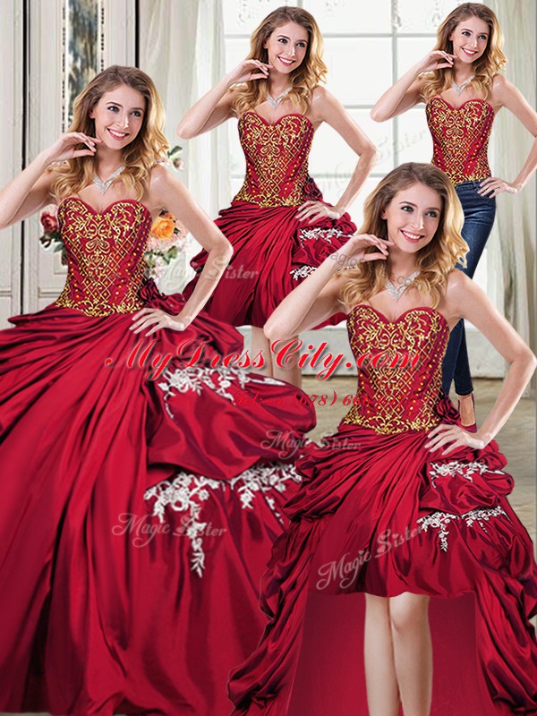 Vintage Four Piece Wine Red Sleeveless Floor Length Beading and Appliques and Pick Ups Lace Up Quinceanera Dress