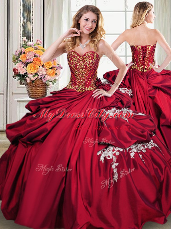 Vintage Four Piece Wine Red Sleeveless Floor Length Beading and Appliques and Pick Ups Lace Up Quinceanera Dress