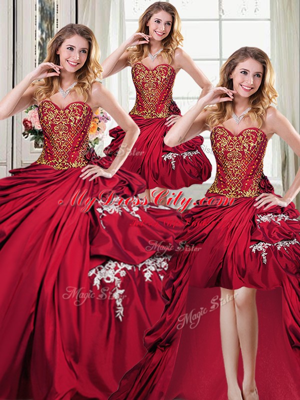 Vintage Four Piece Wine Red Sleeveless Floor Length Beading and Appliques and Pick Ups Lace Up Quinceanera Dress