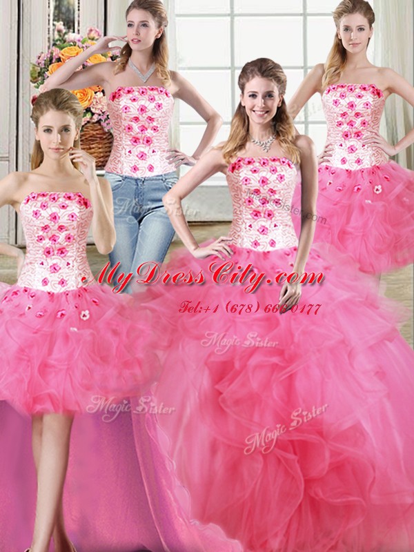 Customized Four Piece Strapless Sleeveless Quince Ball Gowns Floor Length Beading and Appliques and Ruffles Hot Pink Tulle