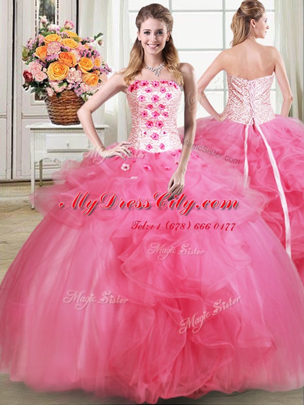 Customized Four Piece Strapless Sleeveless Quince Ball Gowns Floor Length Beading and Appliques and Ruffles Hot Pink Tulle