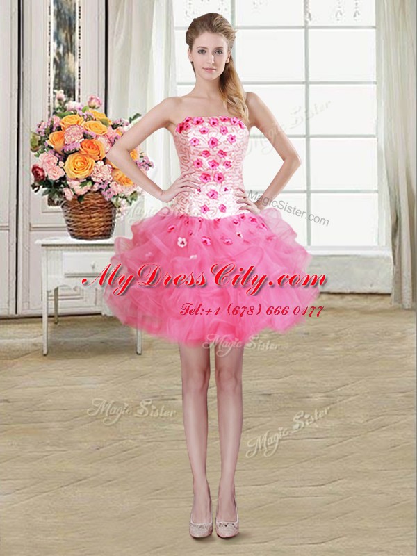 Customized Four Piece Strapless Sleeveless Quince Ball Gowns Floor Length Beading and Appliques and Ruffles Hot Pink Tulle