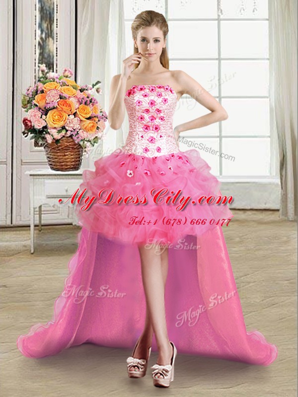 Customized Four Piece Strapless Sleeveless Quince Ball Gowns Floor Length Beading and Appliques and Ruffles Hot Pink Tulle