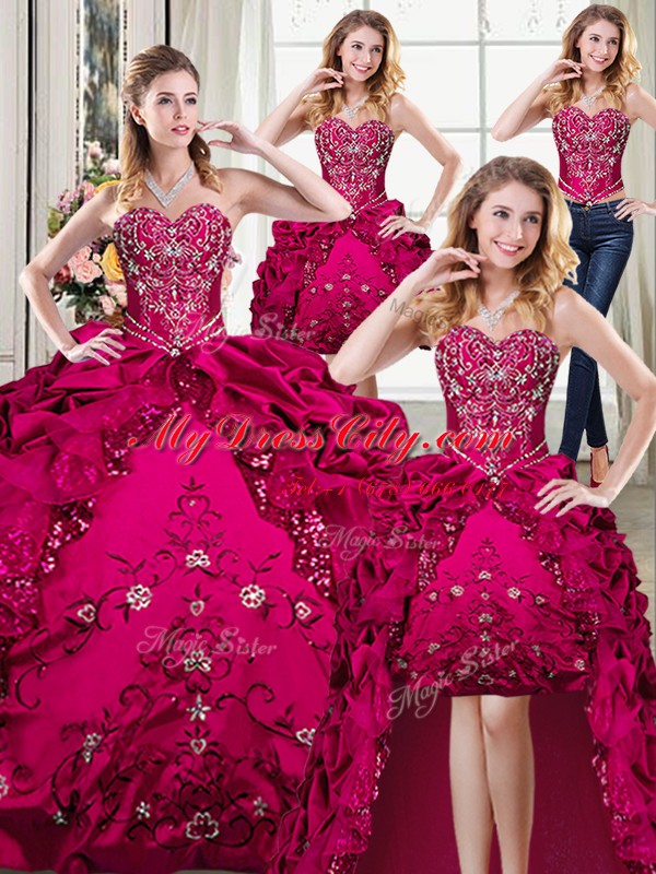 Vintage Four Piece Fuchsia 15th Birthday Dress Military Ball and Sweet 16 and Quinceanera and For with Beading and Embroidery Sweetheart Sleeveless Lace Up