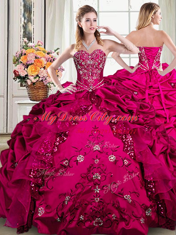 Vintage Four Piece Fuchsia 15th Birthday Dress Military Ball and Sweet 16 and Quinceanera and For with Beading and Embroidery Sweetheart Sleeveless Lace Up