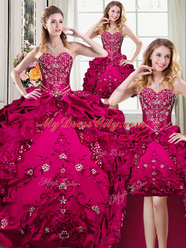 Vintage Four Piece Fuchsia 15th Birthday Dress Military Ball and Sweet 16 and Quinceanera and For with Beading and Embroidery Sweetheart Sleeveless Lace Up