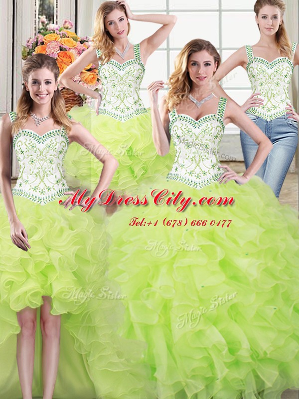 Four Piece Yellow Green Ball Gowns Organza Straps Sleeveless Beading and Lace and Ruffles Floor Length Lace Up Quinceanera Dresses