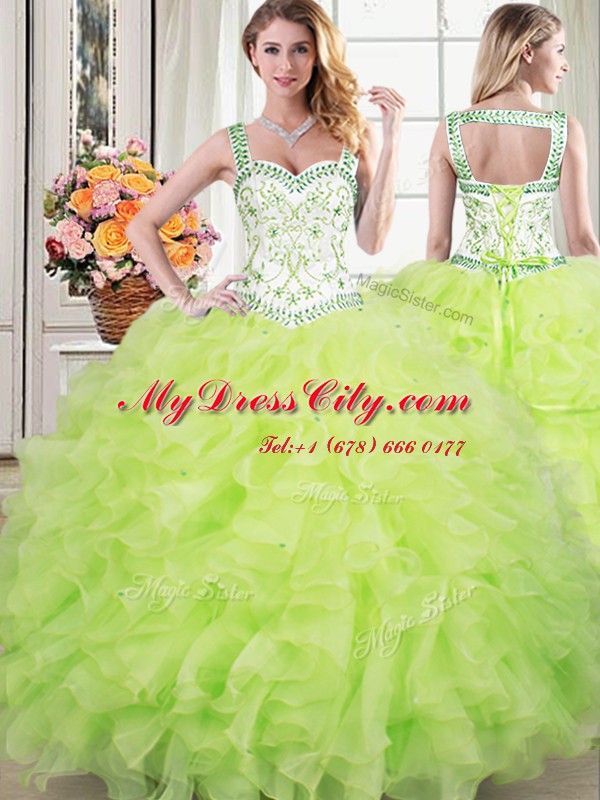 Four Piece Yellow Green Ball Gowns Organza Straps Sleeveless Beading and Lace and Ruffles Floor Length Lace Up Quinceanera Dresses