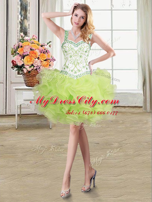 Four Piece Yellow Green Ball Gowns Organza Straps Sleeveless Beading and Lace and Ruffles Floor Length Lace Up Quinceanera Dresses