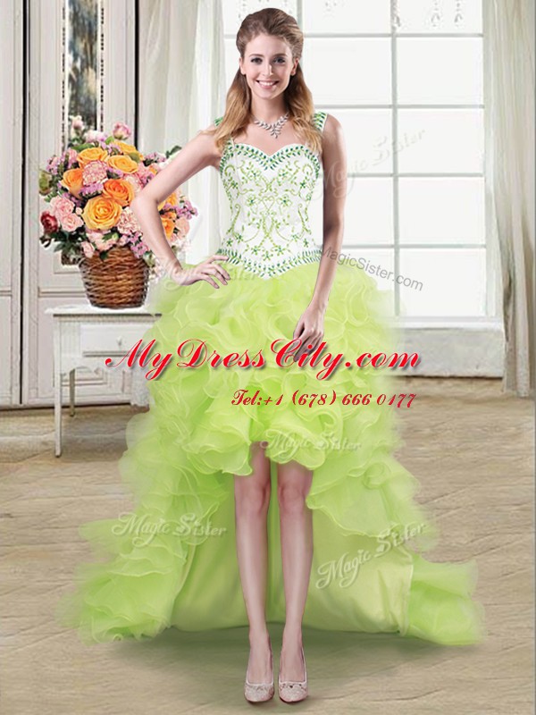 Four Piece Yellow Green Ball Gowns Organza Straps Sleeveless Beading and Lace and Ruffles Floor Length Lace Up Quinceanera Dresses