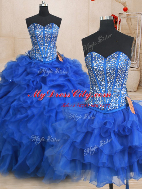 On Sale Three Piece Sleeveless Floor Length Beading and Ruffles Lace Up Quinceanera Dress with Royal Blue