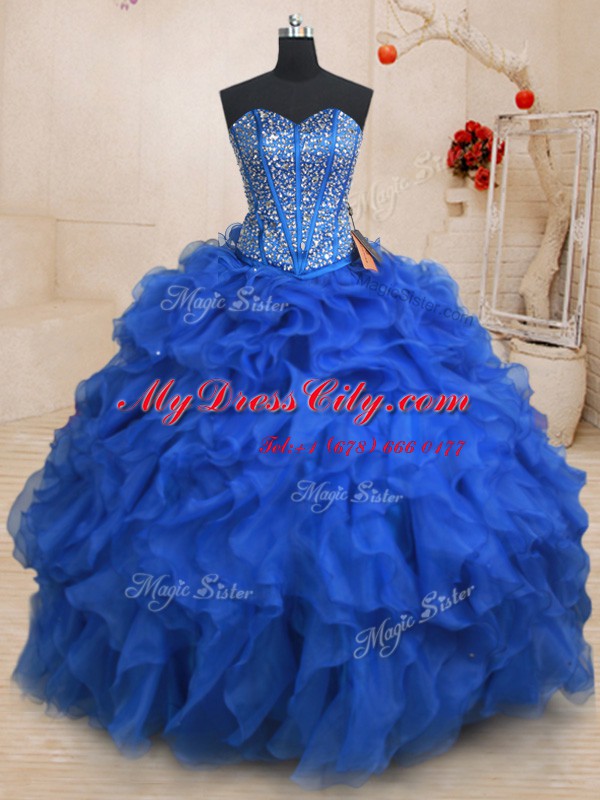 On Sale Three Piece Sleeveless Floor Length Beading and Ruffles Lace Up Quinceanera Dress with Royal Blue