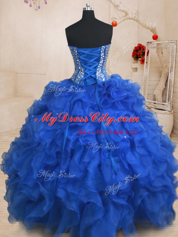 On Sale Three Piece Sleeveless Floor Length Beading and Ruffles Lace Up Quinceanera Dress with Royal Blue