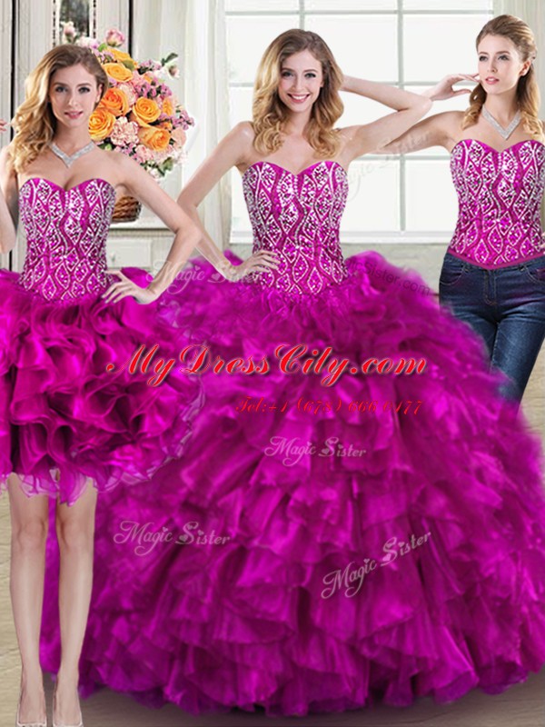 Three Piece Fuchsia Sweetheart Neckline Beading and Ruffles 15 Quinceanera Dress Sleeveless Lace Up