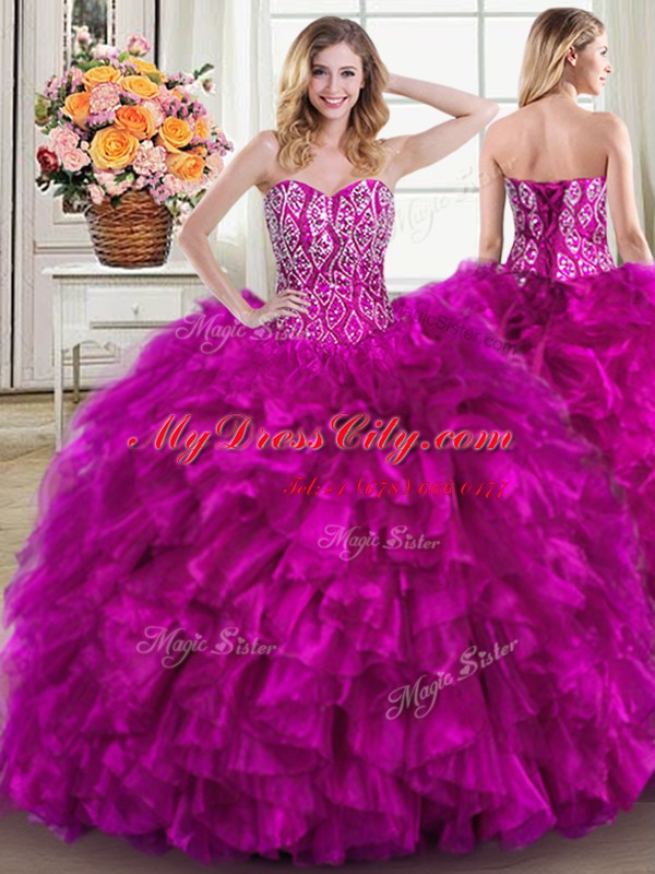 Three Piece Fuchsia Sweetheart Neckline Beading and Ruffles 15 Quinceanera Dress Sleeveless Lace Up