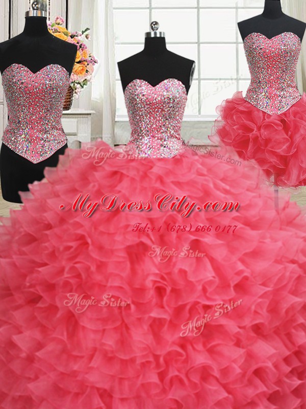 Three Piece Coral Red Lace Up Sweet 16 Dress Beading and Ruffles Sleeveless Floor Length