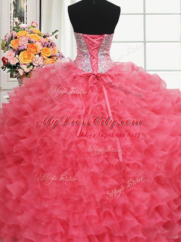 Three Piece Coral Red Lace Up Sweet 16 Dress Beading and Ruffles Sleeveless Floor Length