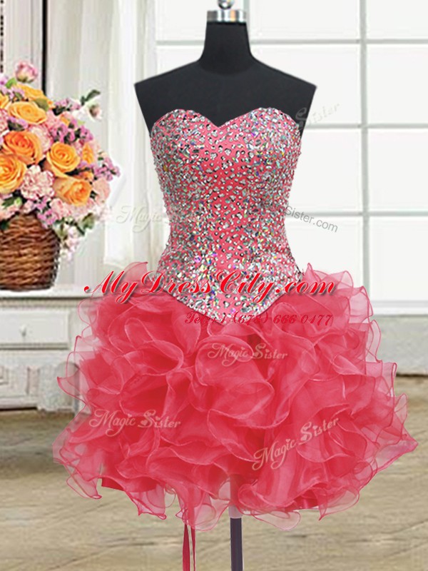 Three Piece Coral Red Lace Up Sweet 16 Dress Beading and Ruffles Sleeveless Floor Length