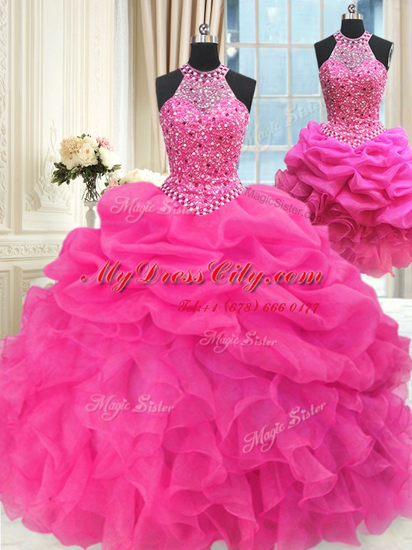 Three Piece Hot Pink Lace Up Halter Top Beading and Ruffles and Pick Ups Quinceanera Dresses Organza Sleeveless