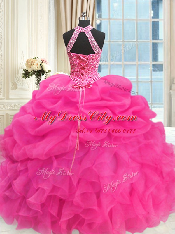 Three Piece Hot Pink Lace Up Halter Top Beading and Ruffles and Pick Ups Quinceanera Dresses Organza Sleeveless