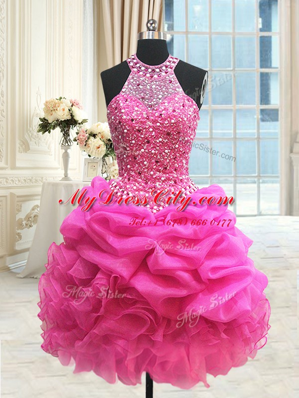 Three Piece Hot Pink Lace Up Halter Top Beading and Ruffles and Pick Ups Quinceanera Dresses Organza Sleeveless