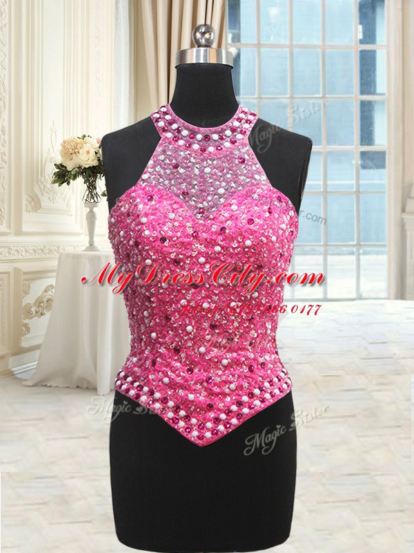 Three Piece Hot Pink Lace Up Halter Top Beading and Ruffles and Pick Ups Quinceanera Dresses Organza Sleeveless