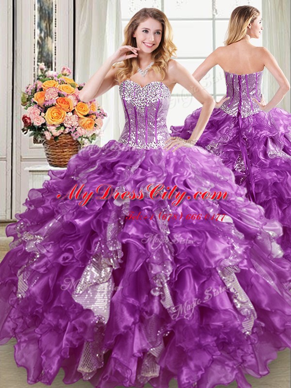 Captivating Sleeveless Beading and Ruffles and Sequins Lace Up Quinceanera Gowns