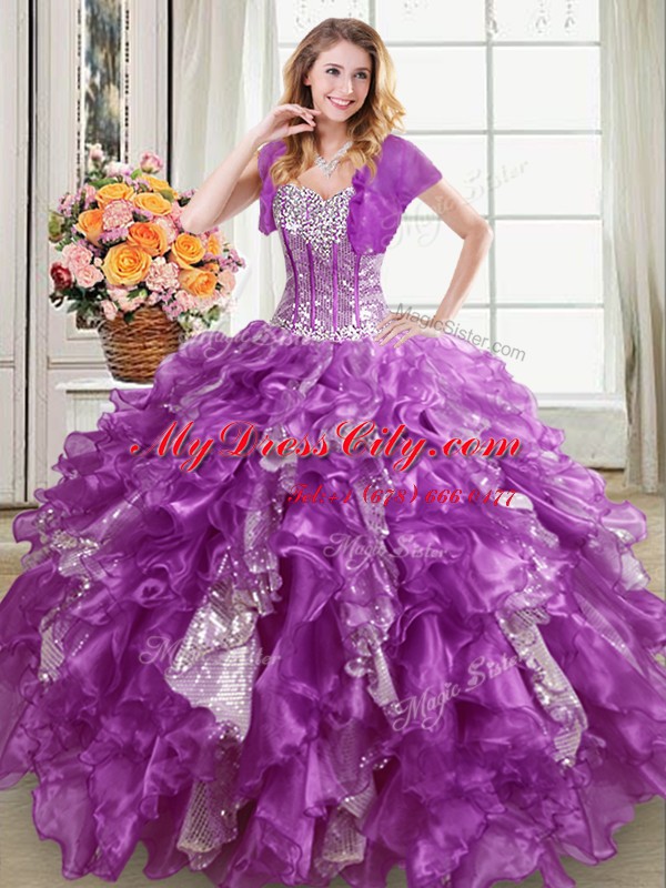 Captivating Sleeveless Beading and Ruffles and Sequins Lace Up Quinceanera Gowns