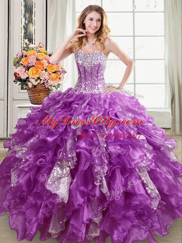 Captivating Sleeveless Beading and Ruffles and Sequins Lace Up Quinceanera Gowns