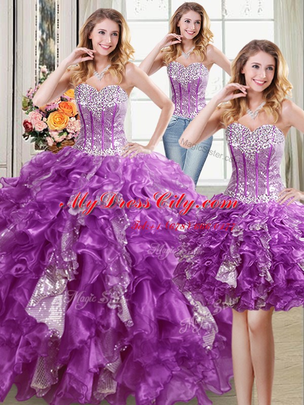 Three Piece Purple Lace Up Ball Gown Prom Dress Beading and Ruffles and Sequins Sleeveless Floor Length