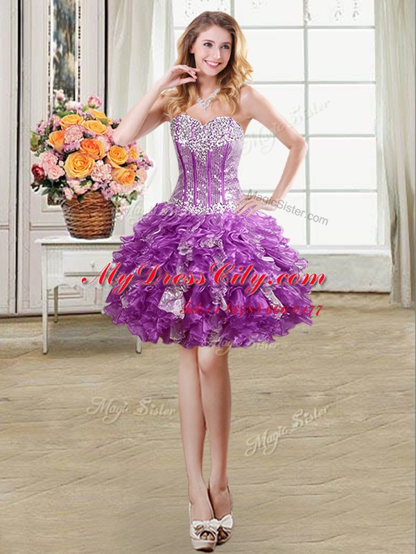 Three Piece Purple Lace Up Ball Gown Prom Dress Beading and Ruffles and Sequins Sleeveless Floor Length