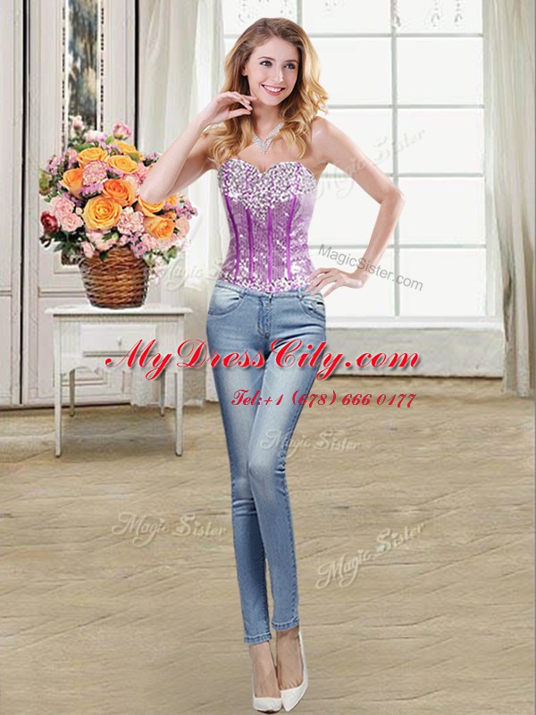 Three Piece Purple Lace Up Ball Gown Prom Dress Beading and Ruffles and Sequins Sleeveless Floor Length